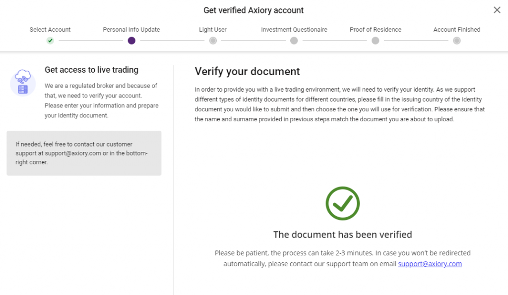 Axiory ID document is verified