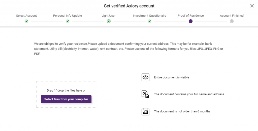 Axiory upload verification docuent