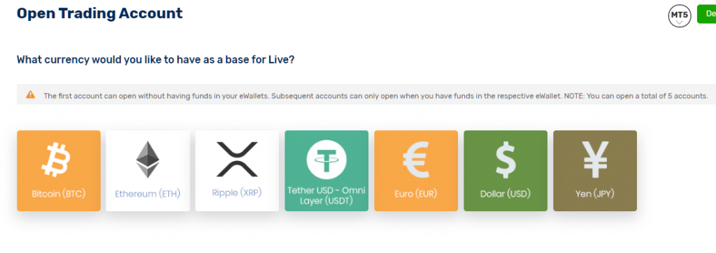 FXGT select base currency