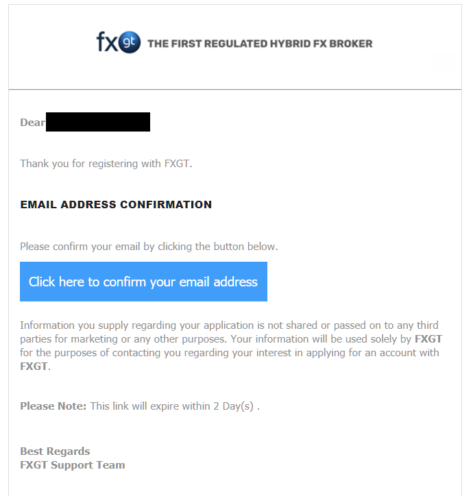 FXGT email address confirmation