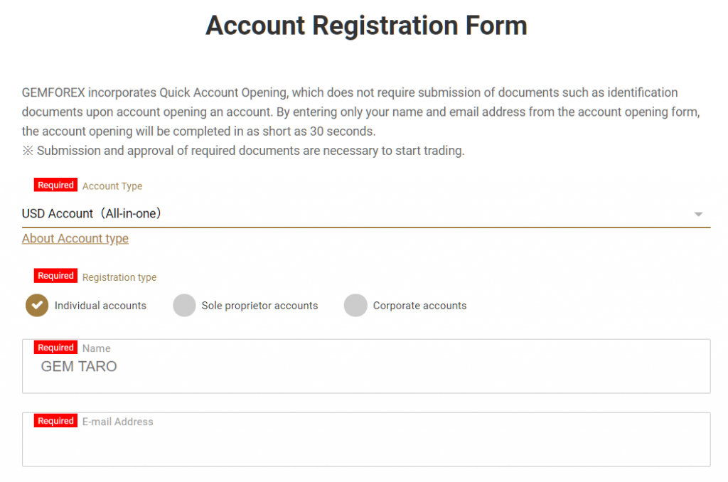 GEMFOREX account registration 