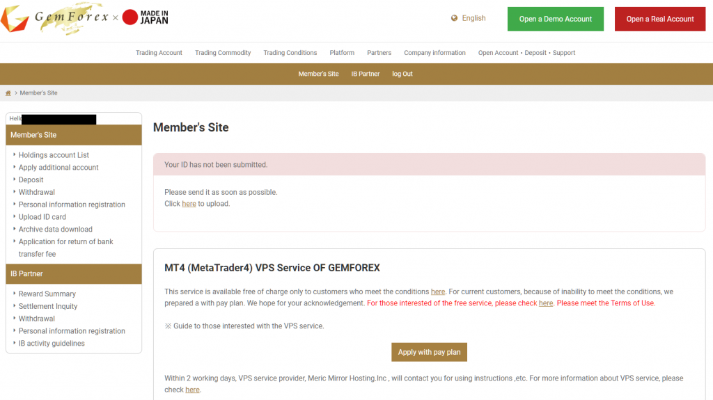 GEMFOREX logged in to member site