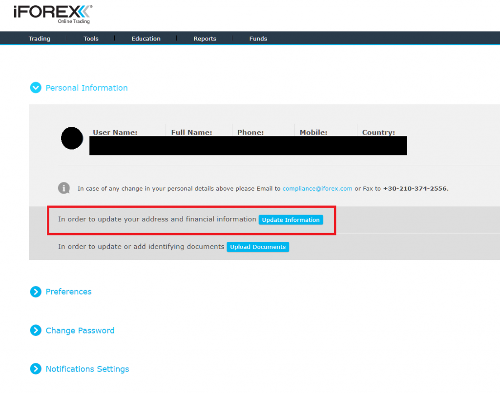 iFOREX register personal information