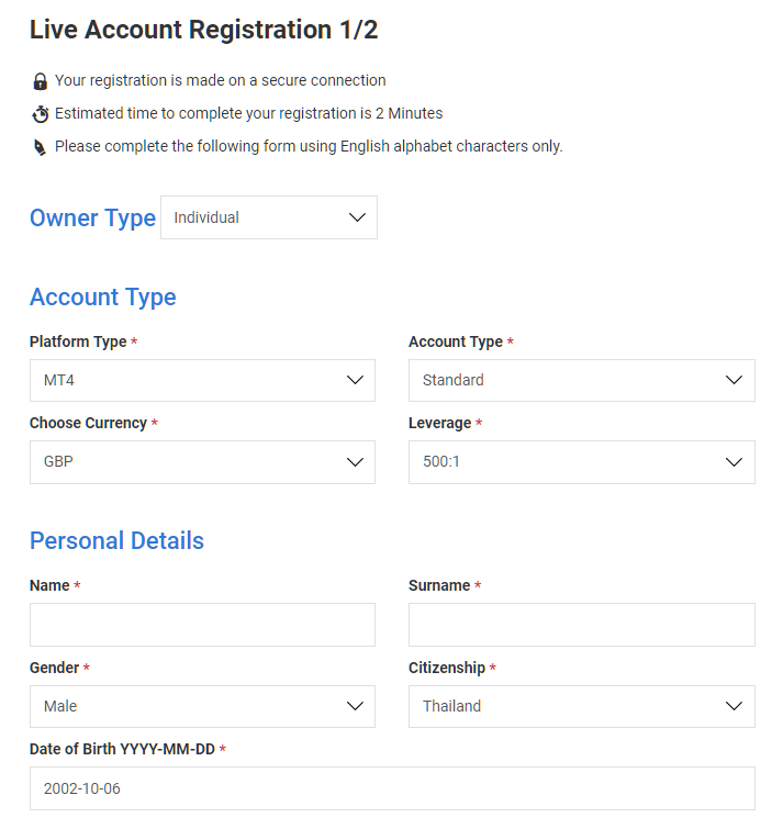LAND-FX account type, personal details