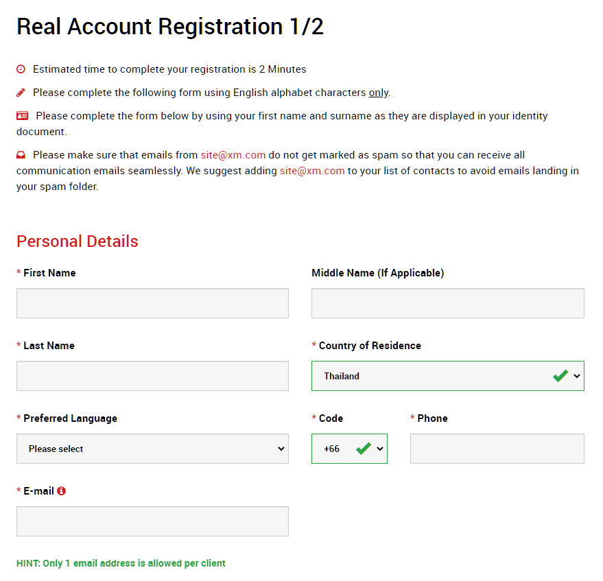 XM real account registration