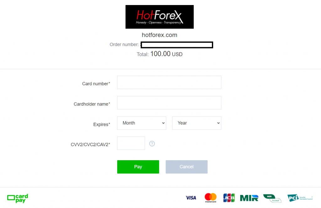 HotForexクレジットカード入金、クレジットカード情報の入力