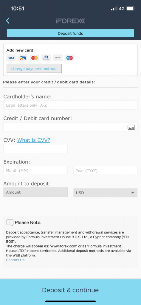 deposit on iforex app (credit card information)