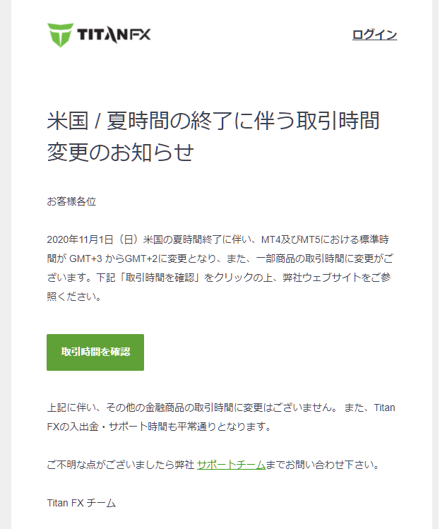 TitanFX取引時間変更のお知らせメール