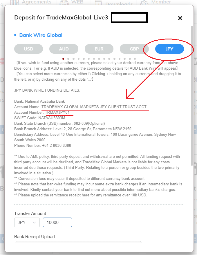 TMGM international bank transfer deposit, select currency (JPY)