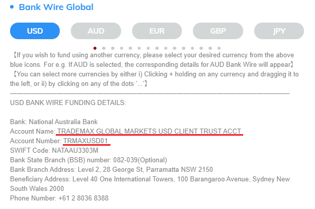 TMGM international bank transfer deposit, select currency (USD)
