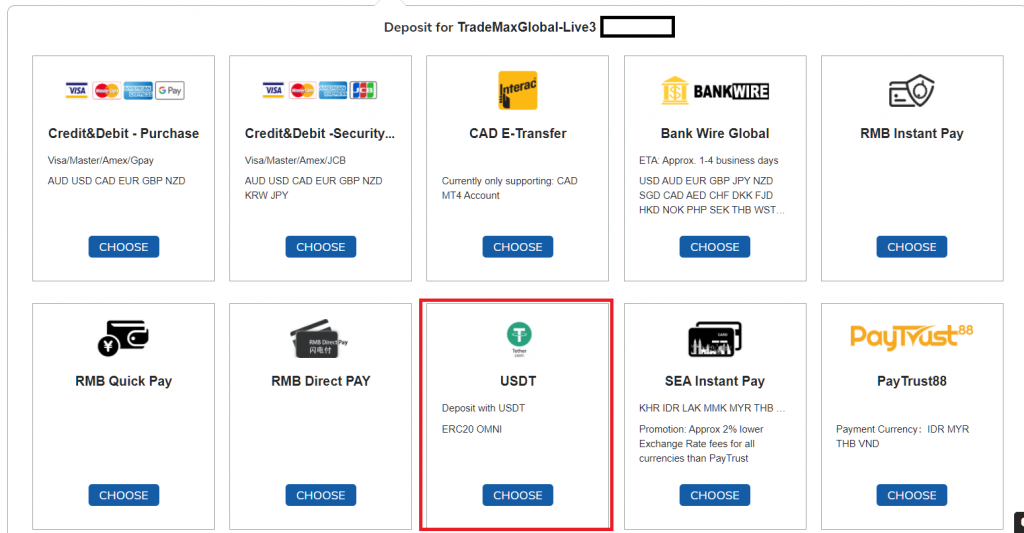 TMGM USDT(tether) deposit