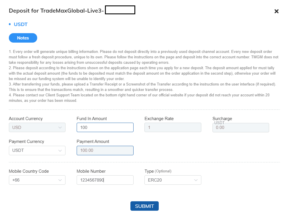 TMGM仮想通貨USDT（テザー）入金、入金先口座と送金額の指定