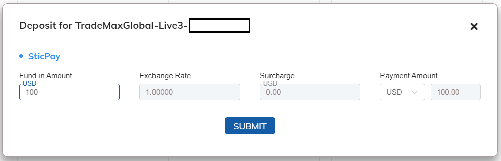 TMGM STICKPAY deposit, enter amount