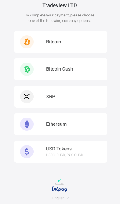 tradeview bitpay deposit, select crypto