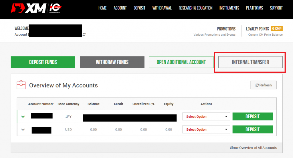 how to do internal transfer between XM accounts