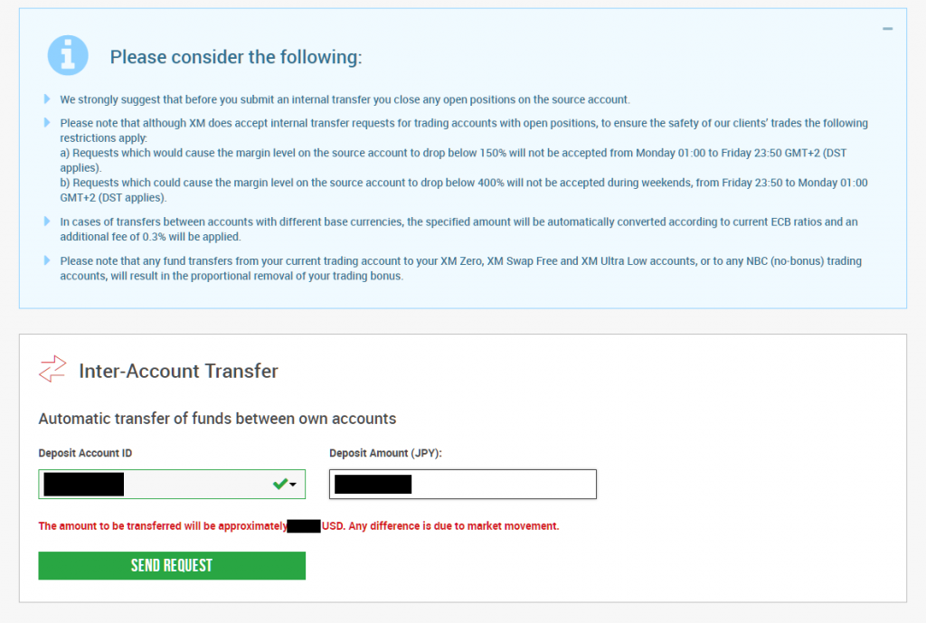 input amount of money you want to transfer to XM another account
