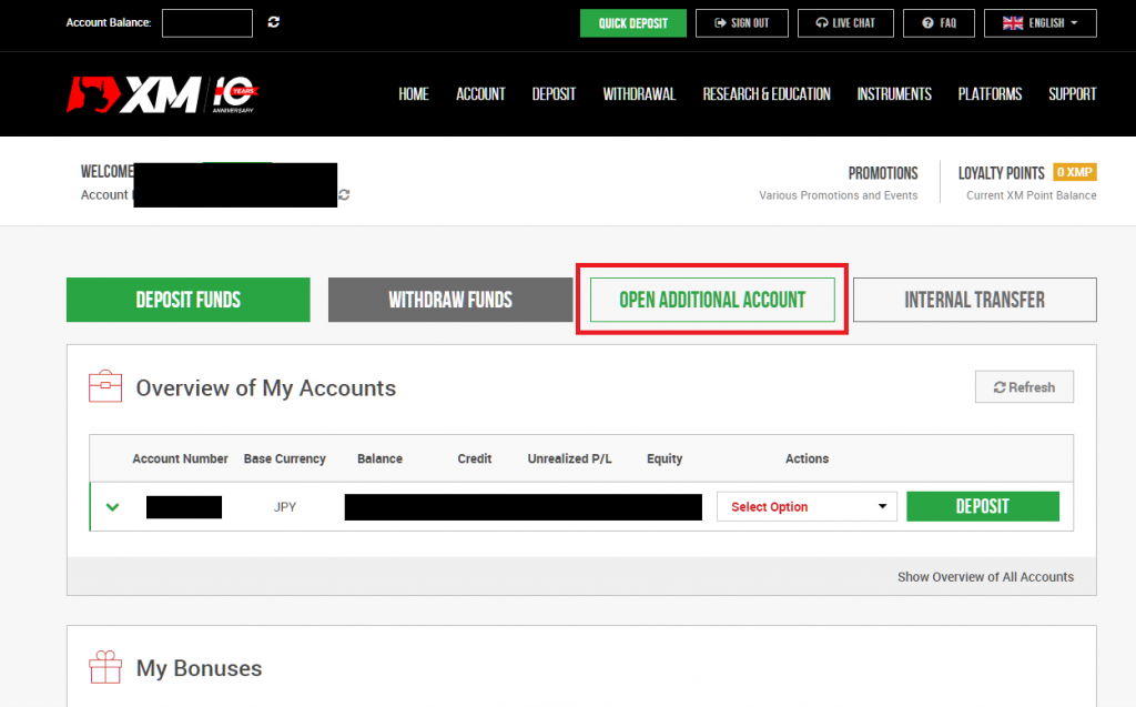 Log in to XM member page and click open additional account