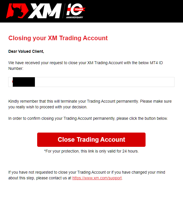 XM口座削除の確認メール