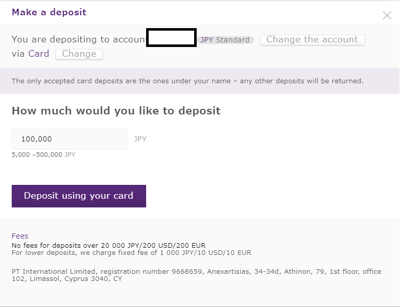 Axiory credit card deposit. enter amount