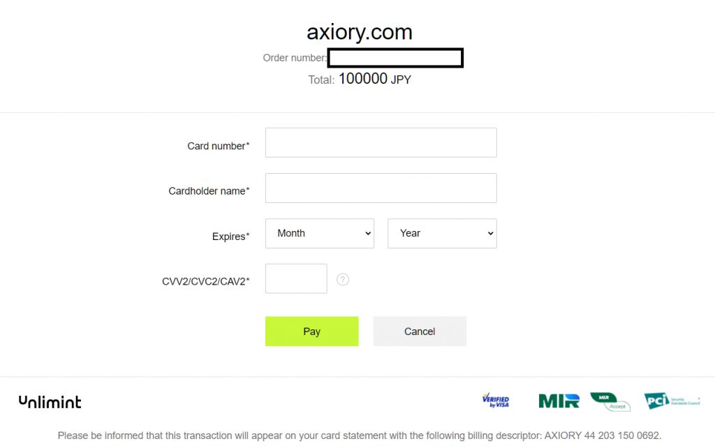 Axiory credit card deposit. enter credit card information