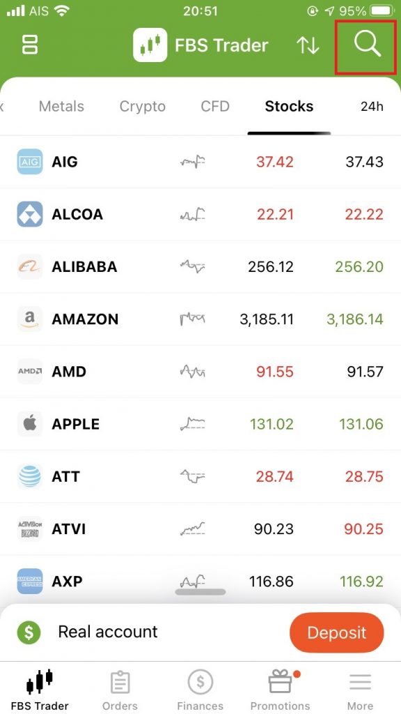 FBS Trader App, search