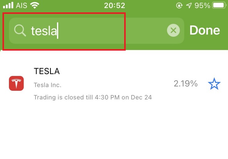 FBS Trader App, search (Tesla)