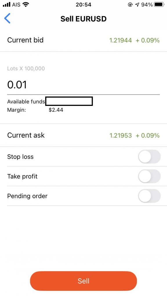 FBS Trader App, place order