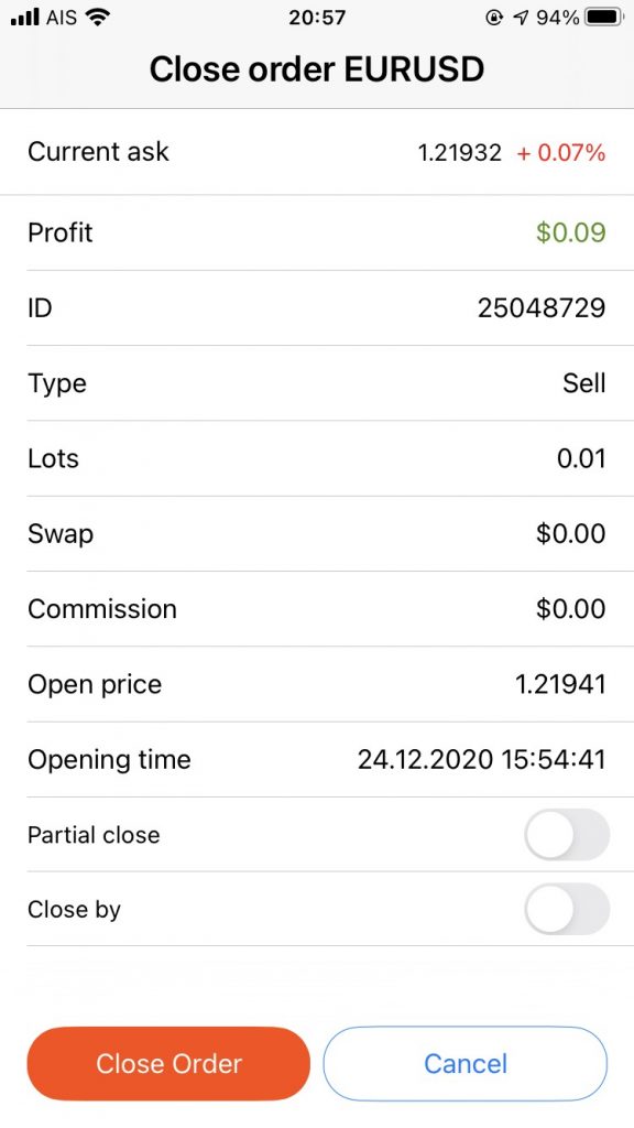 FBS Trader App, close order