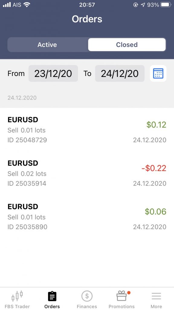 FBS Trader App, closed order