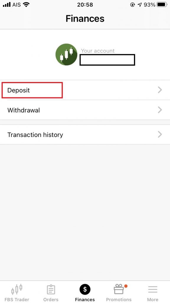 FBS Trader App, finances menu