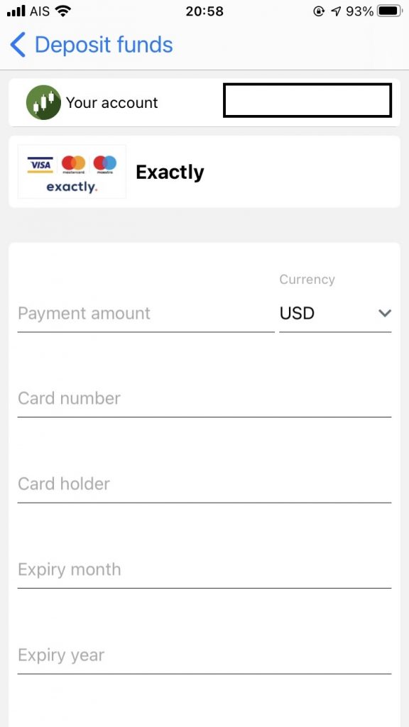 FBS Trader App, deposit by credit card