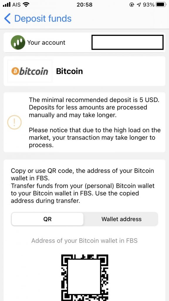 FBS Trader App, deposit by bitcoin