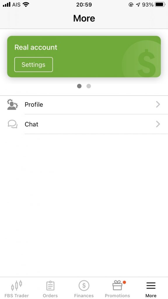 FBS Trader App, more menu
