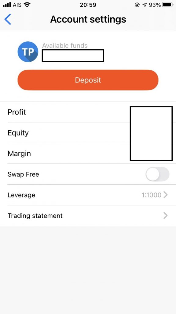 FBS Trader App, account settings