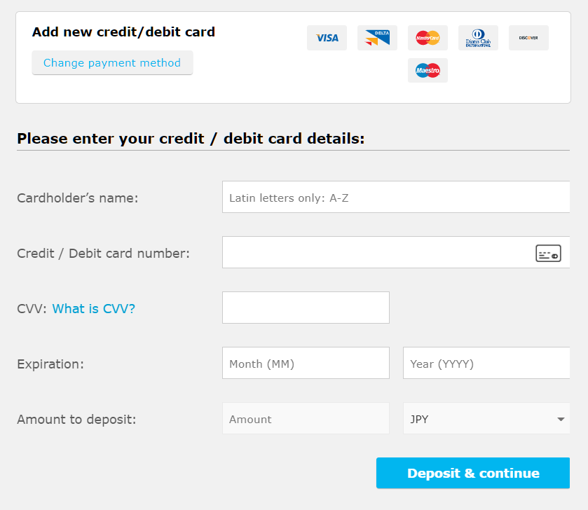 iFOREX credit card deposit, enter card information