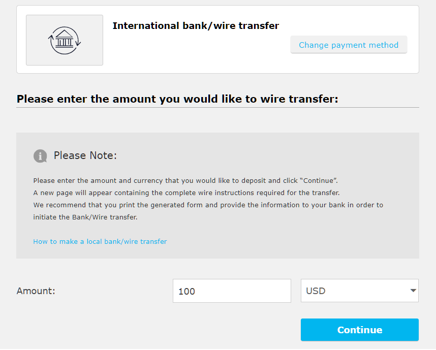 iFOREX international bank deposit, enter amount