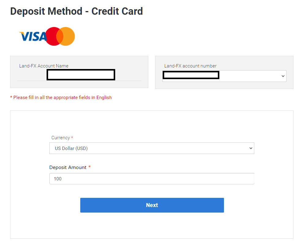 landfx credit card deposit input amount