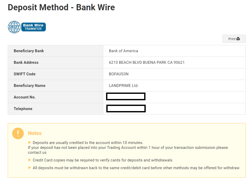 landfx bank wire deposit