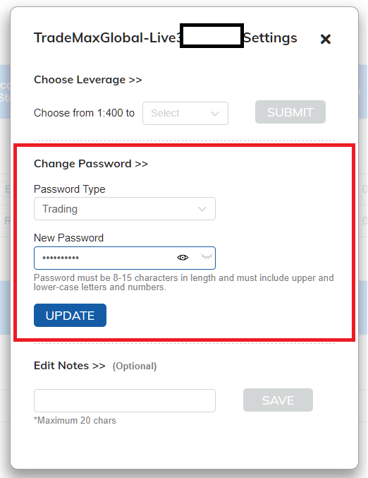 TMGM (TradeMax) MT4/MT5, set new password