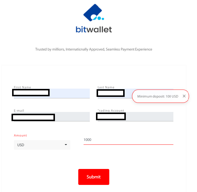 tradeview bitwallet deposit, enter amount