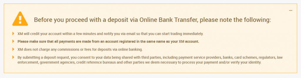 notes for xm online bank transfer