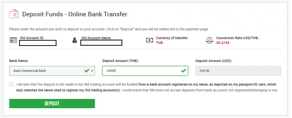 xm online bank transfer, select bank and enter the amout