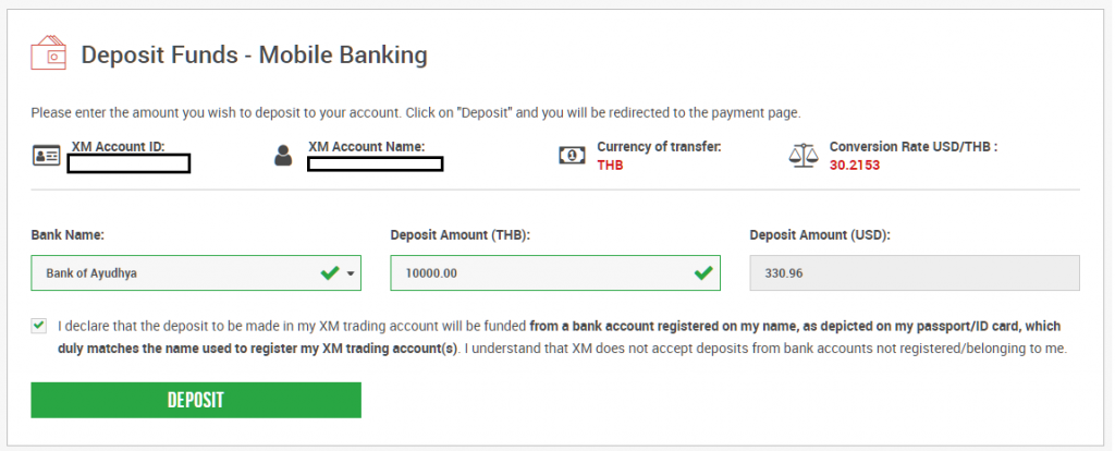 select xm bank and enter the amount