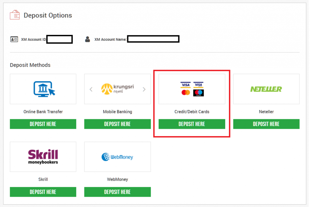 select xm credit and debit card deposit