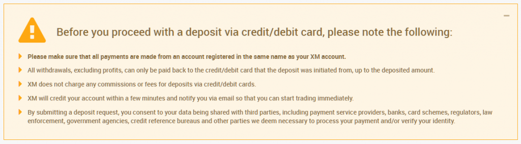 notes for xm credit and debit card deposit