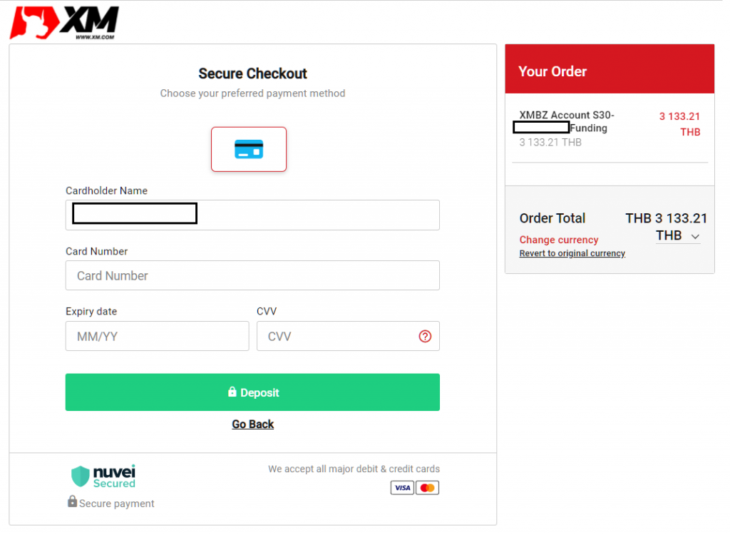 enter the card information for xm credit deposit