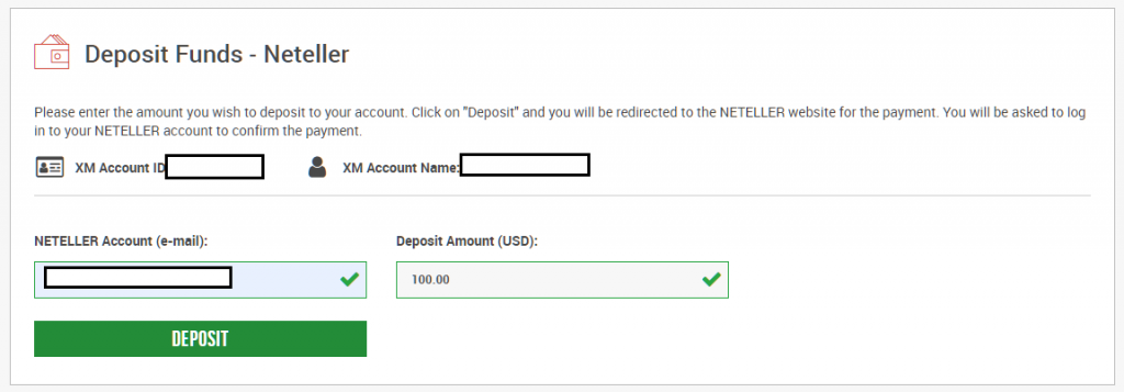 enter neteller email address and the amount for deposit XM