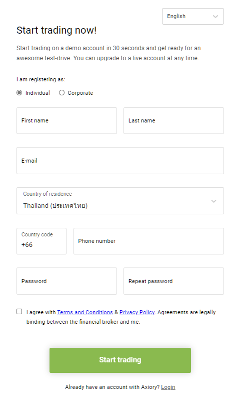 Axiory demo account, register personal information