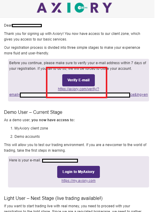 Axiory demo account, verify email address