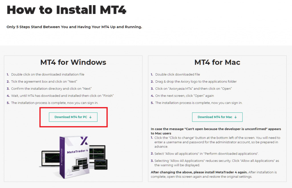 Axiory MT4/MT5, download